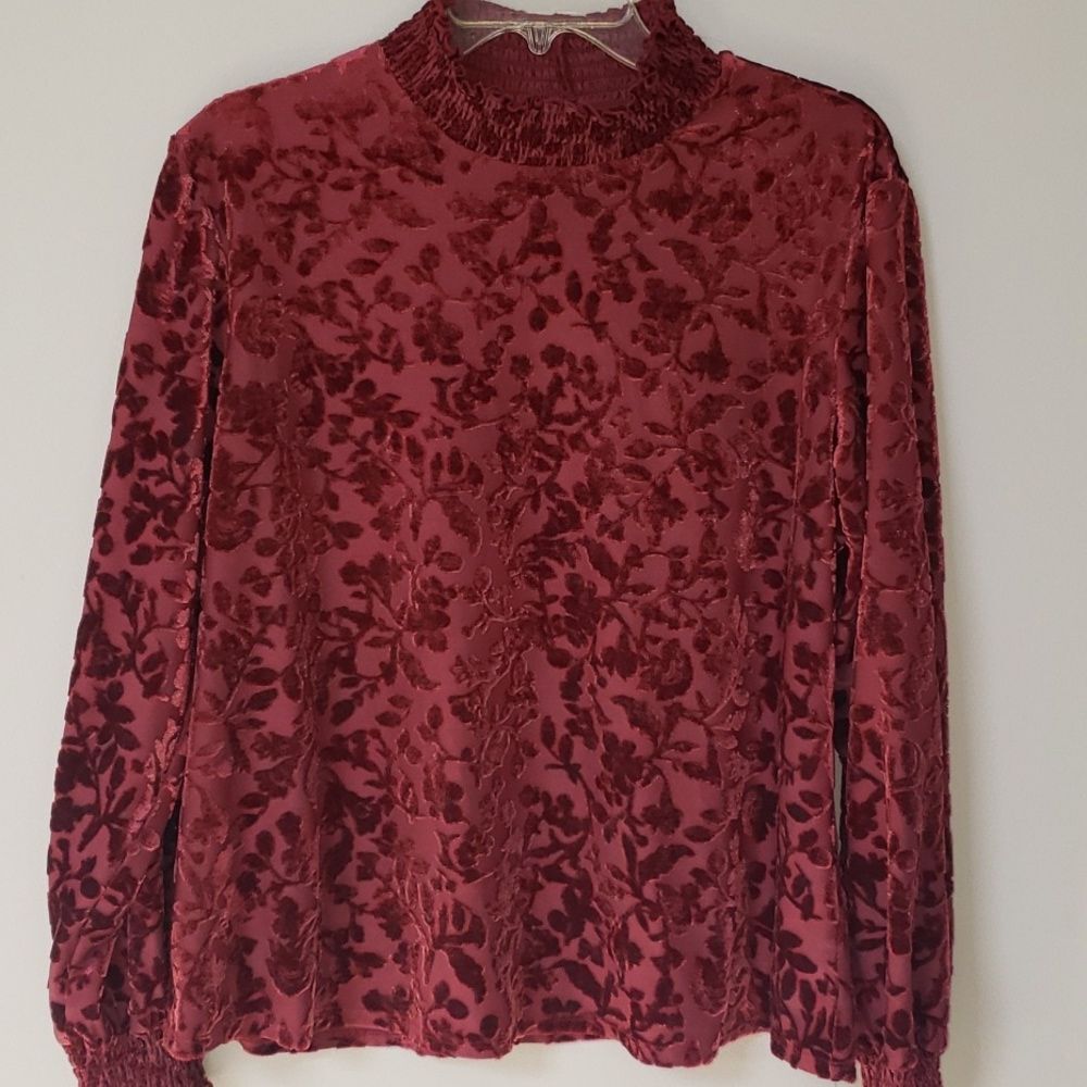 Maurices Top Womens 2XL Cranberry Velvet Burnout Smocked Neck Holiday Party